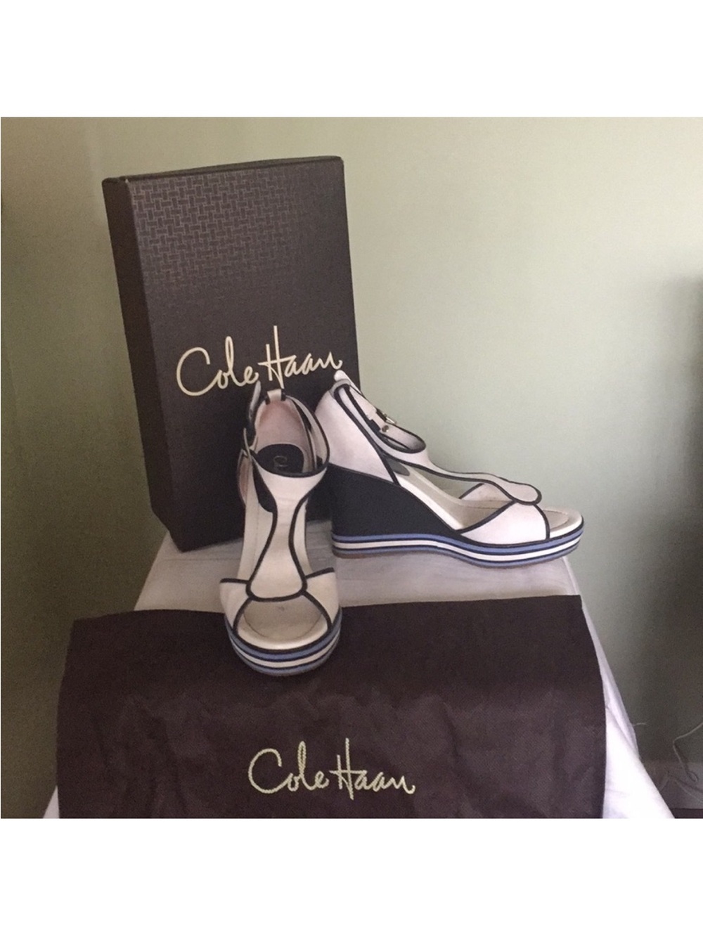 Cole Haan White and Navy Platform Wedge Sandals